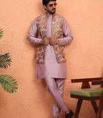 Silk blend mauve kurta and trouser with jacquard nehru jacket