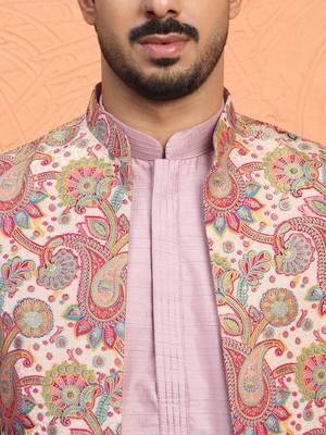 Silk blend mauve kurta and trouser with jacquard nehru jacket 2