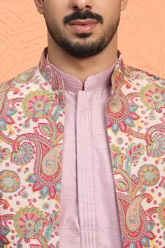 Silk blend mauve kurta and trouser with jacquard nehru jacket