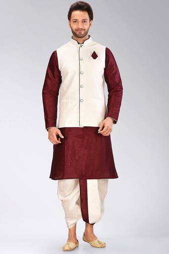 Maroon dupon art silk kurta, jacket with matching dhoti