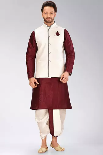 Maroon dupon art silk kurta, jacket with matching dhoti
