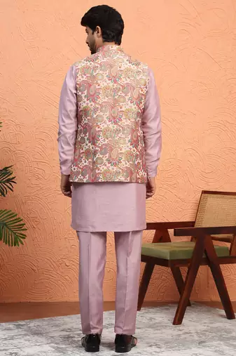 Silk blend mauve kurta and trouser with jacquard nehru jacket