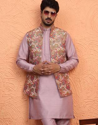Silk blend mauve kurta and trouser with jacquard nehru jacket 4