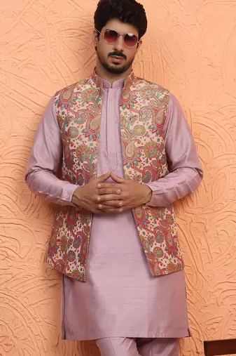 Silk blend mauve kurta and trouser with jacquard nehru jacket