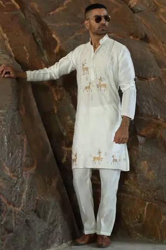 Cotton silk embroidered cream kurta and trouser pant