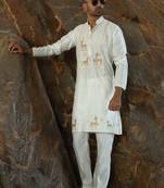 Cotton silk embroidered cream kurta and trouser pant