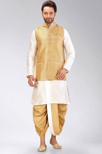 Cream dupon art silk kurta, jacket with matching dhoti