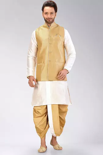 Cream dupon art silk kurta, jacket with matching dhoti