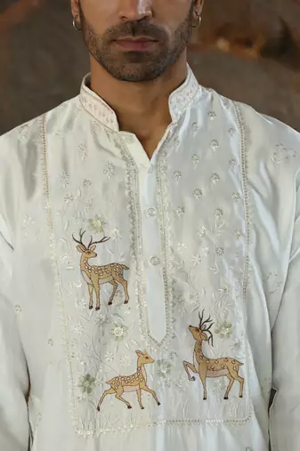 Cotton silk embroidered cream kurta and trouser pant
