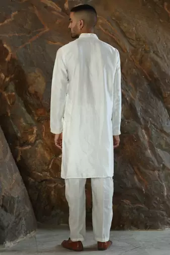 Cotton silk embroidered cream kurta and trouser pant