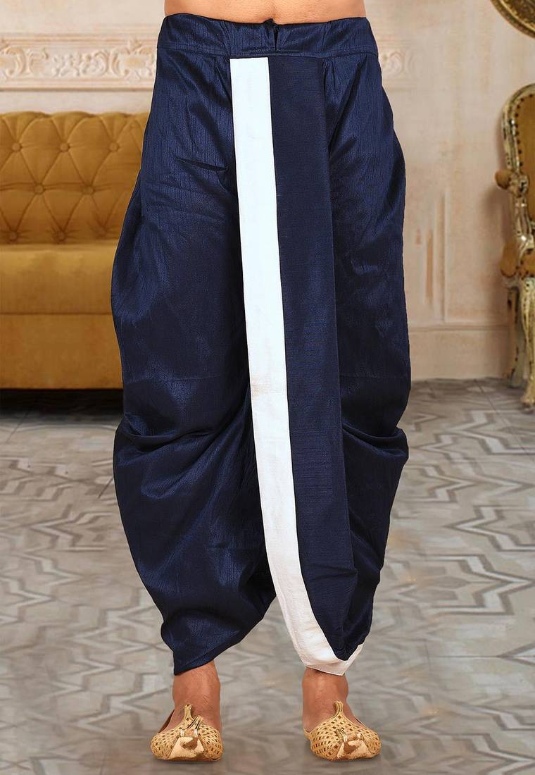 Blue dupion art silk readymade dhoti with patch work