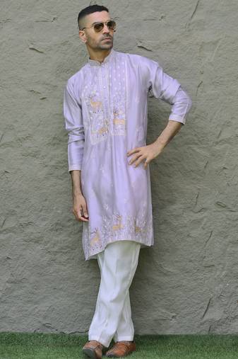 Cotton silk embroidered mauve kurta and trouser pant