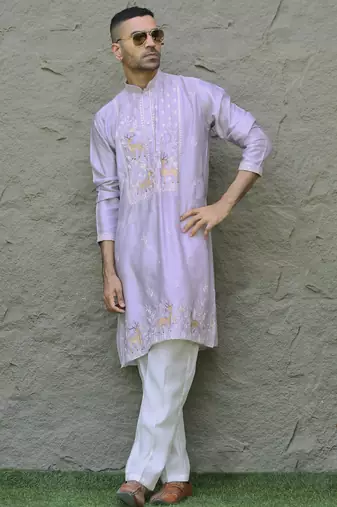 Cotton silk embroidered mauve kurta and trouser pant