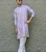 Cotton silk embroidered mauve kurta and trouser pant