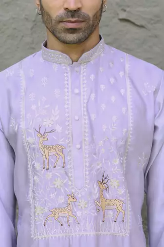 Cotton silk embroidered mauve kurta and trouser pant