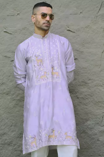 Cotton silk embroidered mauve kurta and trouser pant