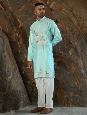 Cotton silk embroidered sky blue kurta and trouser pant 1