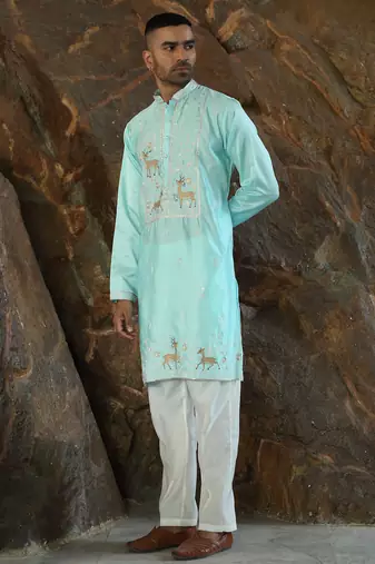Cotton silk embroidered sky blue kurta and trouser pant