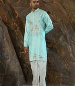 Cotton silk embroidered sky blue kurta and trouser pant