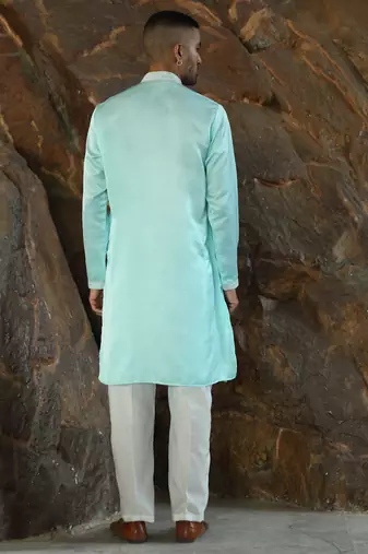 Cotton silk embroidered sky blue kurta and trouser pant