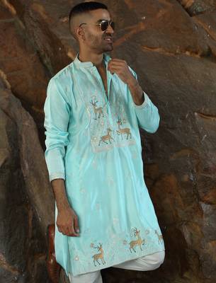 Cotton silk embroidered sky blue kurta and trouser pant 4
