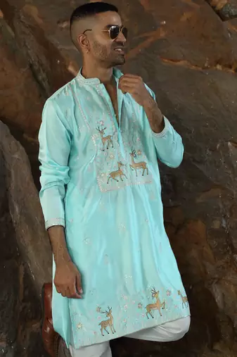 Cotton silk embroidered sky blue kurta and trouser pant