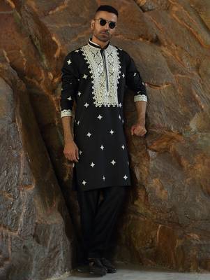 Cotton silk embroidered yoke design black kurta with trouser pant 1