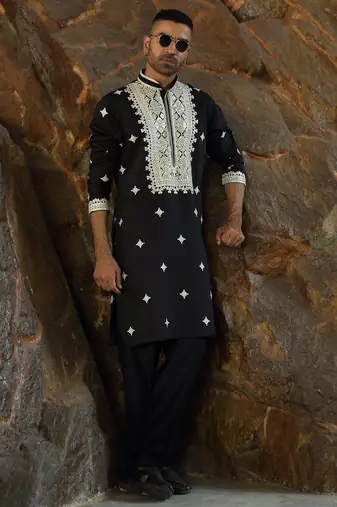 Cotton silk embroidered yoke design black kurta with trouser pant