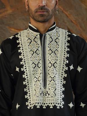 Cotton silk embroidered yoke design black kurta with trouser pant 2