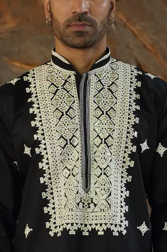 Cotton silk embroidered yoke design black kurta with trouser pant