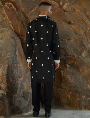 Cotton silk embroidered yoke design black kurta with trouser pant 3