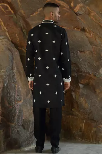 Cotton silk embroidered yoke design black kurta with trouser pant