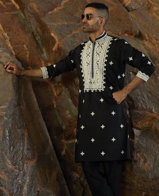 Cotton silk embroidered yoke design black kurta with trouser pant 4