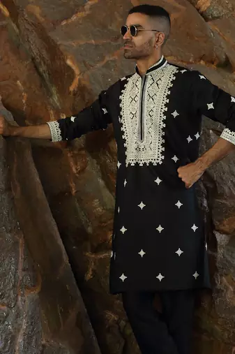 Cotton silk embroidered yoke design black kurta with trouser pant