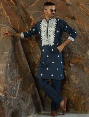 Cotton silk embroidered yoke design blue kurta with trouser pant 1
