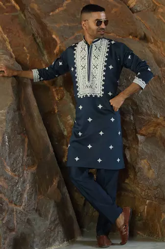 Cotton silk embroidered yoke design blue kurta with trouser pant