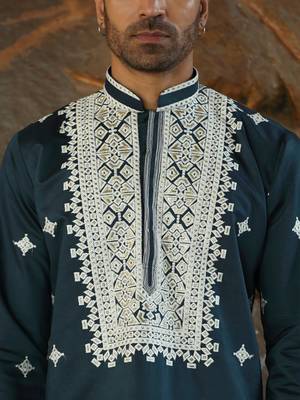 Cotton silk embroidered yoke design blue kurta with trouser pant 2