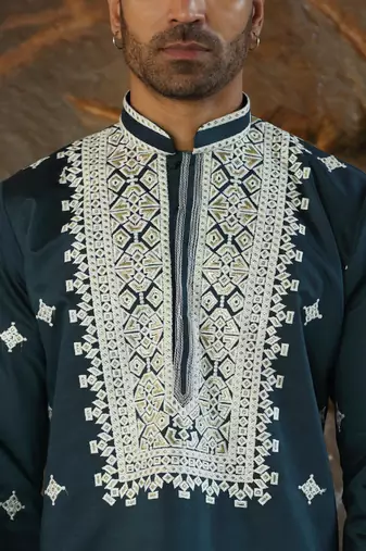 Cotton silk embroidered yoke design blue kurta with trouser pant