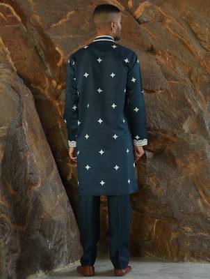 Cotton silk embroidered yoke design blue kurta with trouser pant 3