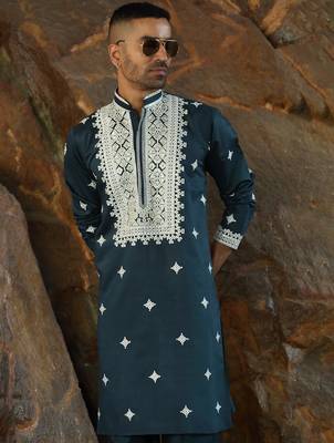 Cotton silk embroidered yoke design blue kurta with trouser pant 4