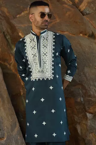 Cotton silk embroidered yoke design blue kurta with trouser pant