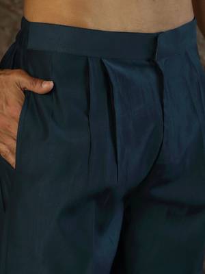 Cotton silk embroidered yoke design blue kurta with trouser pant 5