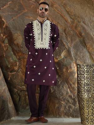 Cotton silk embroidered yoke design wine kurta with trouser pant 1