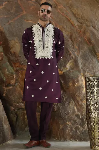 Cotton silk embroidered yoke design wine kurta with trouser pant