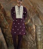 Cotton silk embroidered yoke design wine kurta with trouser pant