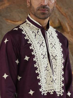 Cotton silk embroidered yoke design wine kurta with trouser pant 2
