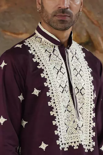Cotton silk embroidered yoke design wine kurta with trouser pant