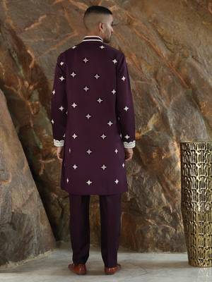 Cotton silk embroidered yoke design wine kurta with trouser pant 3