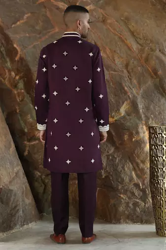 Cotton silk embroidered yoke design wine kurta with trouser pant