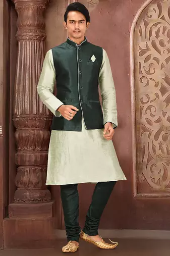 Rama green dupon art silk kurta, jacket with matching churidar